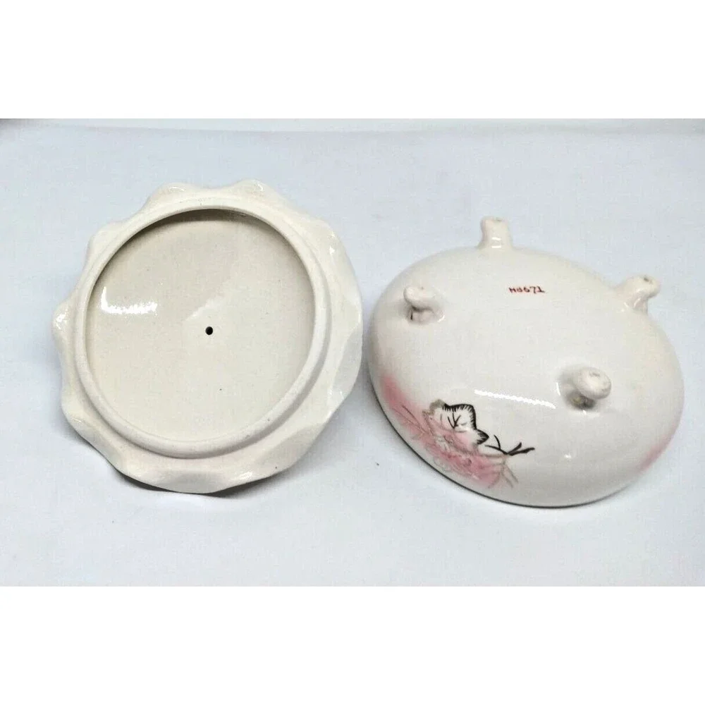 VTG Pink Flower Ceramic Trinket Box with Ivory Gold Lid Hand Painted Japan